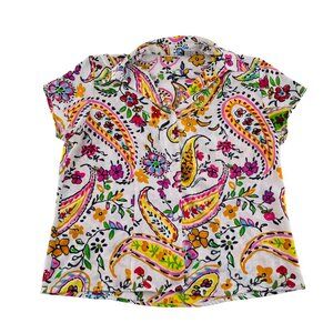 Colorful Floral Paisley Button-Up Shirt By Aparenza Size L 100% Polyester‎ Short